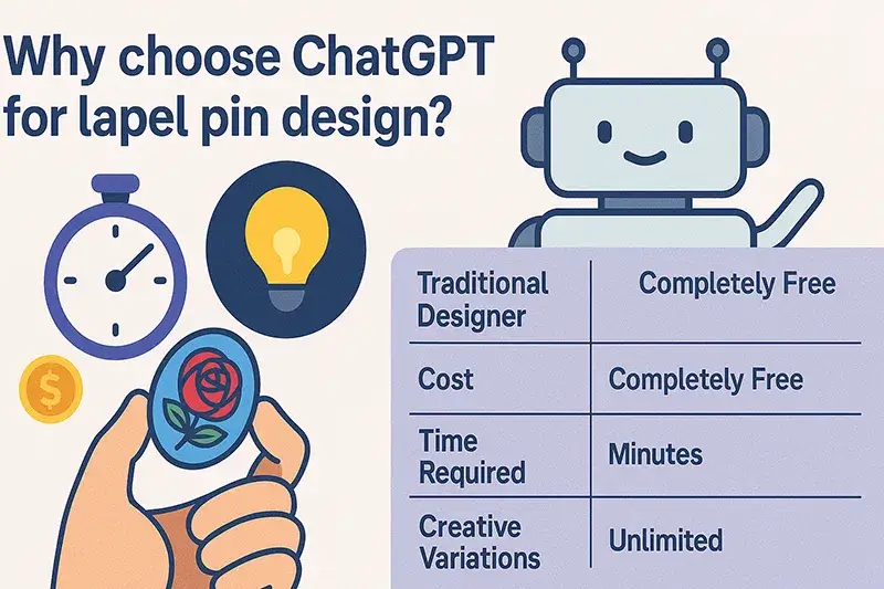 Infografika, amely összehasonlítja a ChatGPT és a hagyományos tervezők által készített pin-tervezést, bemutatva az ingyenes, gyors és korlátlan variációkat.