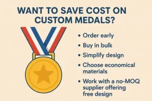 Illustrated gold medal with a striped ribbon next to the title “Want to Save Cost on Custom Medals?” followed by five tips: order early, buy in bulk, simplify design, choose economical materials, and work with a no-MOQ supplier offering free design.