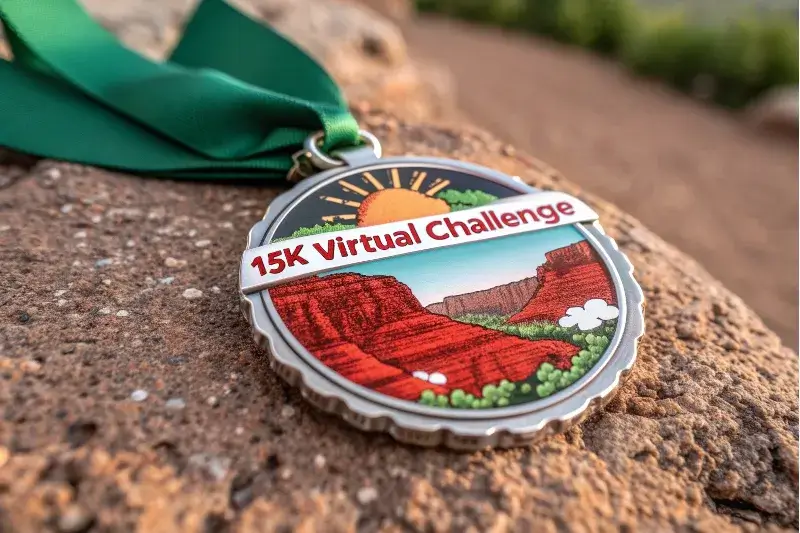 Befutóérem egy 15 km-es virtuális kihíváson, melyen vörös sziklakanyonok, lenyugvó nap, felhők és zöld növényzet látható, egy zöld szalaggal a sziklás felületen