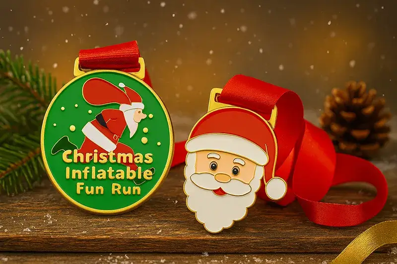 Two Christmas-themed medals for an inflatable fun run, one with a running Santa on a green background and the other shaped like Santa's face, both with red ribbons and a snowy holiday backdrop.