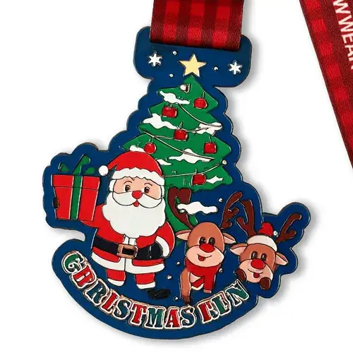 Shaped medal depicting Santa with two reindeer and a decorated Christmas tree, with the words “Christmas Run” at the bottom.