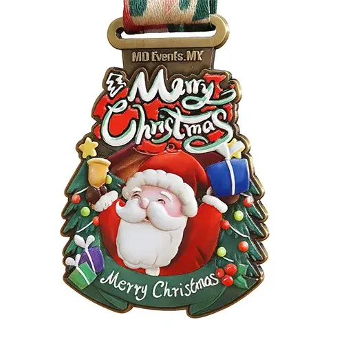 Bronze-tone medal with Santa popping out of a chimney, surrounded by trees and presents, featuring bold “Merry Christmas” text.