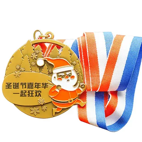Gold medal featuring a running Santa and raised Chinese text, with a red, white, and blue striped ribbon.