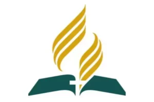 Seventh-day Adventist Church logo featuring the Bible, flame, and cross symbol.