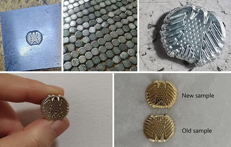 Eagle pin manufacturing process with mold samples and finished badges