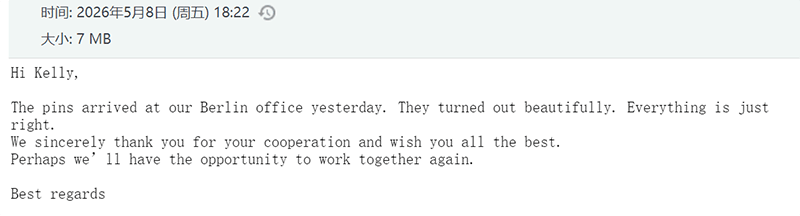 Customer email praising quality of custom eagle lapel pins